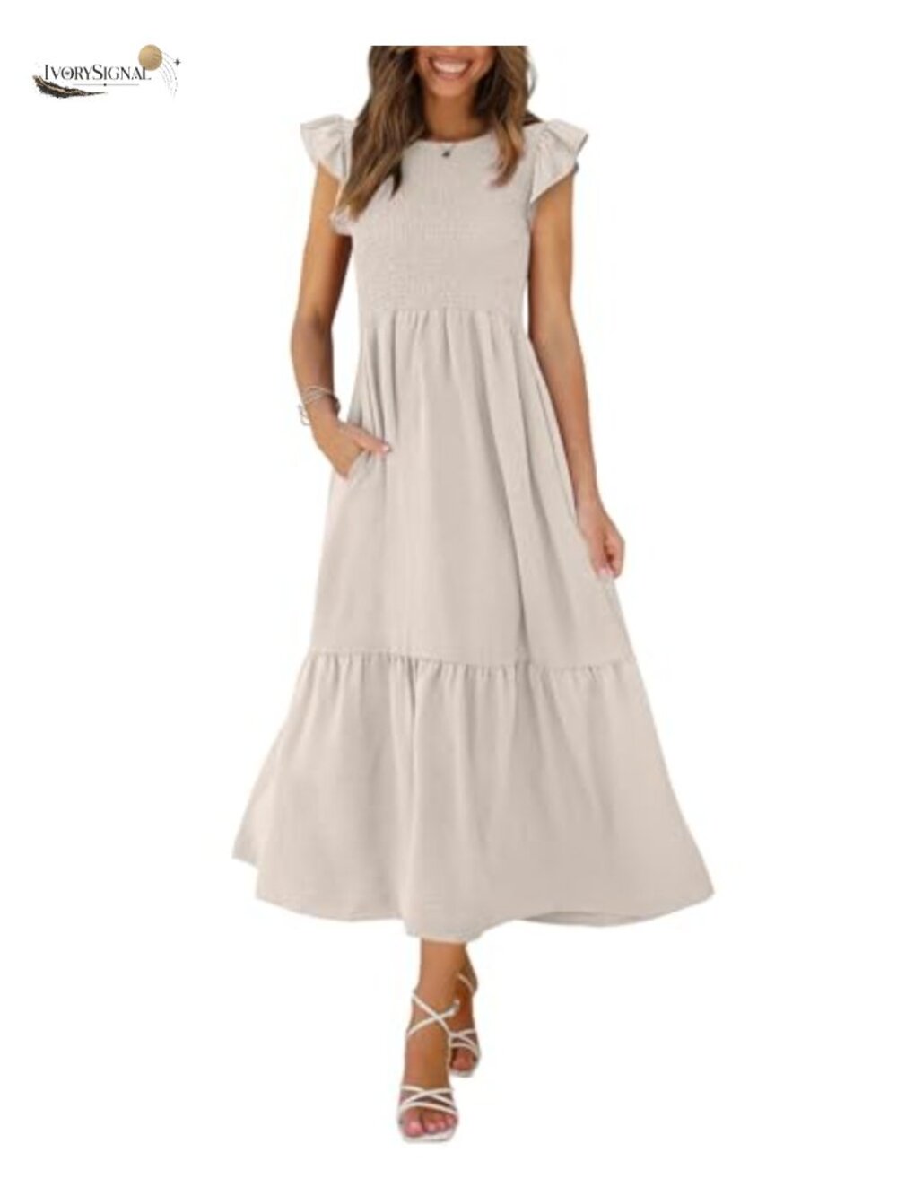 Women's Maxi Dress Pockets Ruffle Sleeve Smocked Tiered Casual